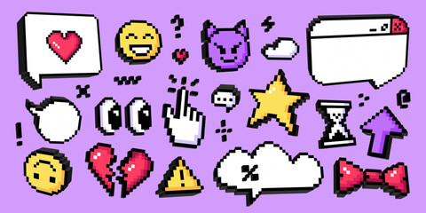 Collection of pixel art icons in 3D retro style. Various icons, speech bubbles, emoji, hearts, cursor, warning sign, star, message. Symbols, stickers for digital game, communication, social media.