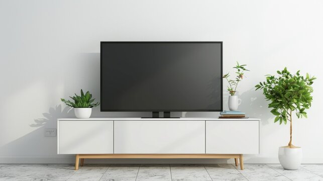 Modern living room with a large flat-screen TV on a white cabinet. Two potted plants are placed on either side, enhancing the minimalist decor.