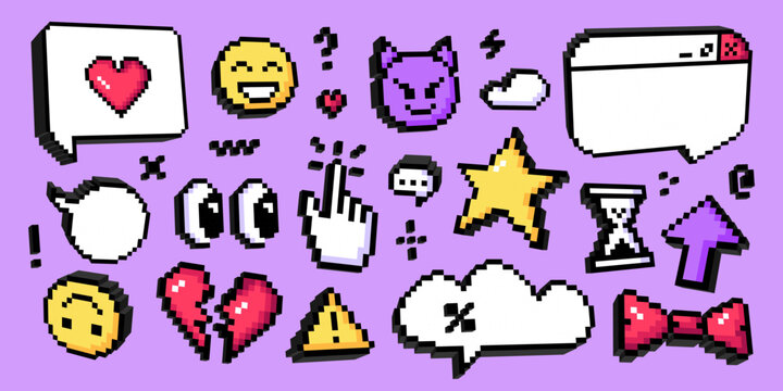 Collection of pixel art icons in 3D retro style. Various icons, speech bubbles, emoji, hearts, cursor, warning sign, star, message. Symbols, stickers for digital game, communication, social media.