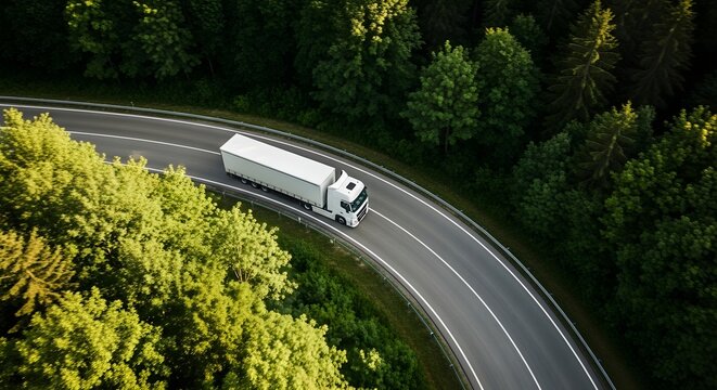 Aerial View of White Truck Transporting Goods on Winding Road through Lush Green Forest