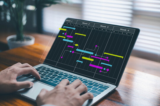 businessman schedule plan management shows a timeline Gantt chart in technology online. concept project planner in software, work update, and workflow, manage milestones, appointment staff of business