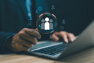 Recruitment and candidate talent selection concept with digital HR technology, representing hiring, employee evaluation, human resources management, and the business decision-making process.