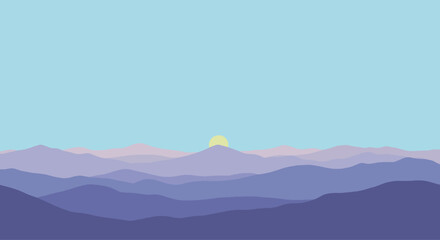 A minimalist illustration of a mountain range with a rising sun, showcasing layers of purple and blue hues under a clear sky.