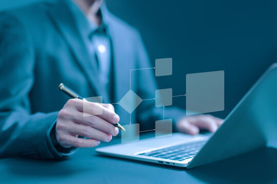 businessman working on a laptop with a digital workflow diagram, business process automation, and data flow. technology transformation concept. algorithm chart, flowchart automation, structure digital - Powered by Adobe