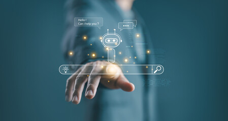 digital AI chatbot icon with data analytics and chat bubbles, representing artificial intelligence, automation, and virtual assistant. customer support bot agent technology.