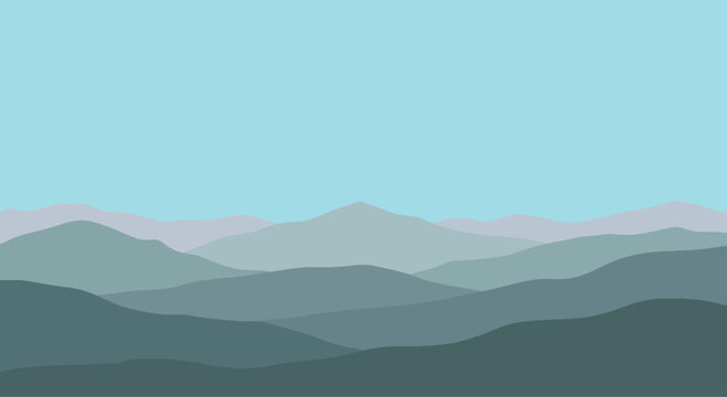 A calming landscape illustration featuring a series of mountain ranges in varying shades of green and gray, creating a sense of depth and tranquility under a clear blue sky.