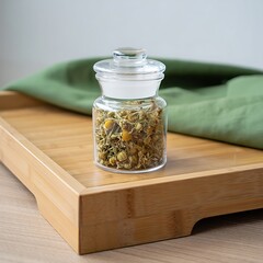 Glass jar filled with dried herbs and spices on a wooden tray