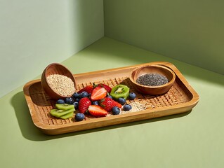 Healthy breakfast platter with fresh fruit and oats on a wooden tray