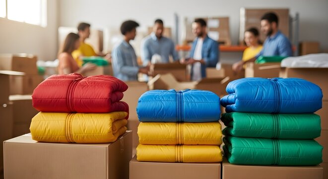 Volunteers Packing Winter Coats for Charity Donation Drive, Supporting Warmth