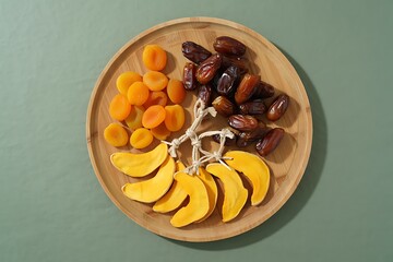 Healthy fruit platter with dried apricots dates and fresh mango slices