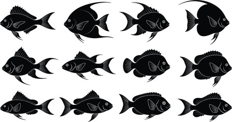 Twelve Stylized Fish Silhouettes in Grid Formation for Marine Biology, Pattern Recognition, Educational Games, and Visual Discrimination Exercises