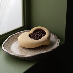 Heart shaped pastry filled with dark chocolate chips on a decorative plate
