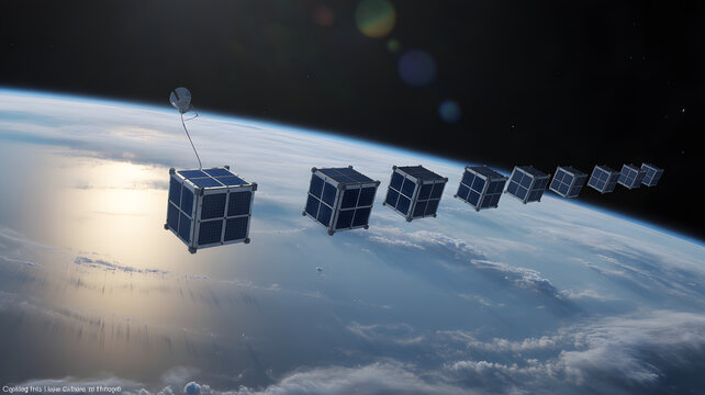 A fleet of small satellites or cubesats forming a constellation in orbit above planet earth s atmosphere - Powered by Adobe