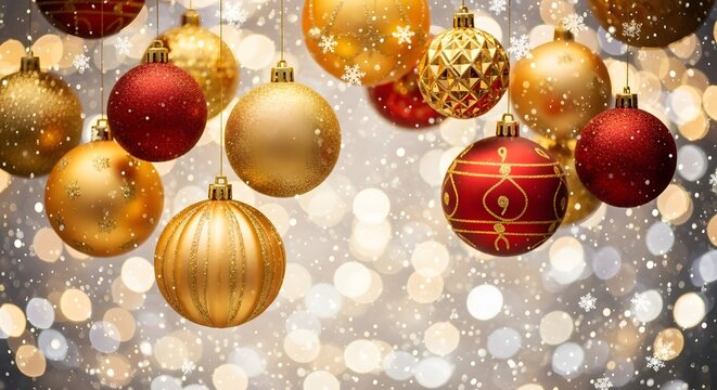 Festive christmas ornaments in red and gold hanging against a sparkling bokeh background for holiday cheer