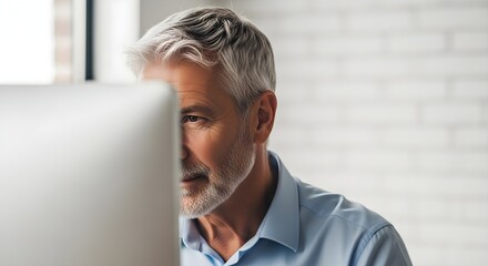 Focused Senior Man Working Diligently on Computer with Concentration and Determination