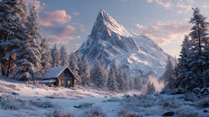 Log cabin in snow landscape mountain peak with fir trees background during daylight