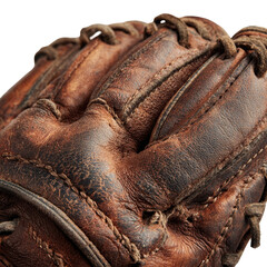 Vintage baseball glove weathered leather texture detail for sports and retro themes, isolated on a transparent background