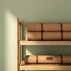 Rolled yoga mats neatly stacked on a wooden shelf