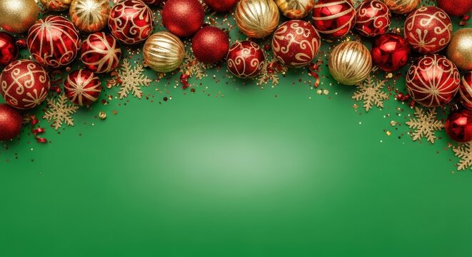 Festive red and gold Christmas ornaments border on green background