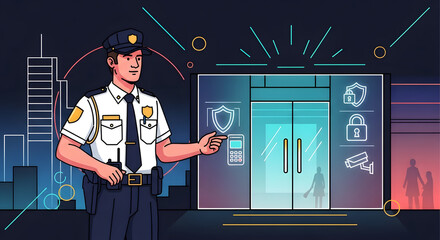 Professional security guard in uniform ensures safety and protection at modern building entrance with digital interface and surveillance icons