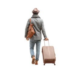 Stylish man walking with rolling suitcase and leather satchel, ready for travel adventure, isolated on a transparent background