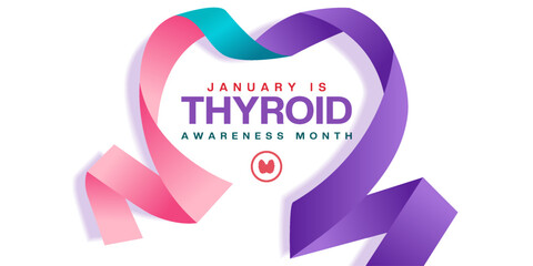 January is National Thyroid Awareness Month. Heart shape ribbon and thyroid. Suitable for posters, banners and social media. White background.
