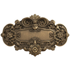 Exquisite vintage ornate metal plaque with floral motifs and central cartouche for custom text, isolated on a transparent background