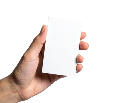 A hand firmly holds a bright white card, isolated against a clean white background