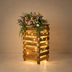 Rustic wooden lantern with fairy lights and floral arrangement