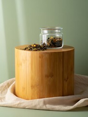 Small glass jar filled with peppercorns on a wooden pedestal
