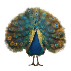 Majestic peacock displays vibrant iridescent plumage in stunning courtship ritual, isolated on a transparent background