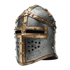 Intricate medieval knight's helmet, detailed metalwork, historical battle readiness, protective warrior gear, isolated on a transparent background