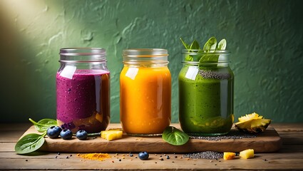 Three colorful healthy smoothies in glass jars on a wooden board