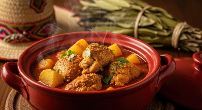 Spicy Bolivian Fricas&eacute; &ndash; Pork-Free Chicken Stew with Chu&ntilde;o in Ceramic Pot, Woven Hat & Coca Leaf Bundle