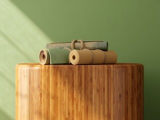 Three natural handmade soaps stacked on a wooden pedestal with green background