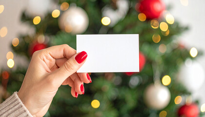 Female hand with bright red manicure holding a blank white business card in front of a festive Christmas tree decorated with bokeh lights and ornaments. Holiday greetings, gift card.