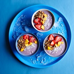 Three refreshing smoothie bowls topped with fruit and granola on a blue tray