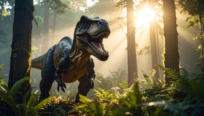 A roaring Tyrannosaurus rex in a prehistoric forest with sunlight shining through the trees.
