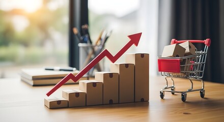 E-Commerce Growth Cardboard Boxes Arranged as Bar Graph with a Red Arrow