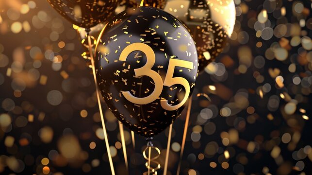 Black balloons with the number 35 in gold. Confetti and sparkling lights create a festive atmosphere, ideal for birthday celebrations or anniversaries.