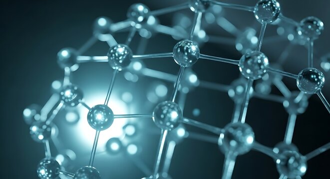 Stunning abstract molecular structure with glowing spherical atoms and interconnected bonds, representing science, research, and innovation with a futuristic, digital aesthetic.