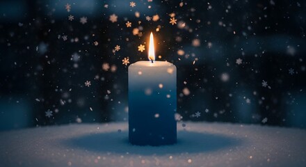 Lit candle glows warmly amidst falling snowflakes creating a serene winter scene in the quiet of the night