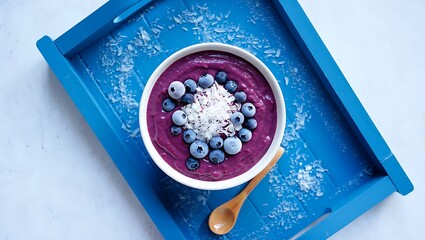 Vibrant acai bowl topped with blueberries and coconut flakes on blue tray