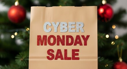 Cyber Monday Sale Shopping Bag Displayed Near Christmas Tree Decorations