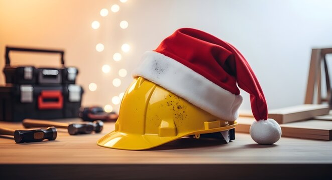 Festive Construction Christmas Hat on Hard Hat Amidst Tools and Holiday Decor