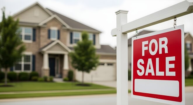 Red For Sale Sign in Front of a Two-Story Brick House - Real Estate Investment