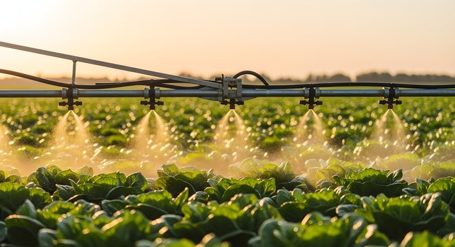 Irrigation System Spraying Water onto Crop Field at Sunset for Agriculture and Farming