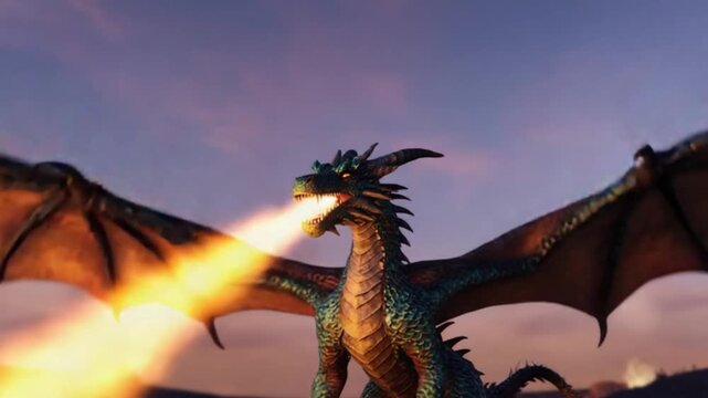 A majestic dragon breathing fire against a twilight sky with outstretched wings in a fantasy scene dragon video
