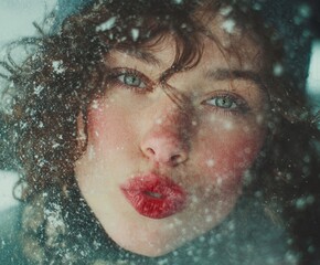 Close-up winter portrait of a woman with curly hair and red lips blowing a kiss through falling snow. A cozy and romantic moment capturing warmth, beauty, and emotion in the cold winter atmosphere.