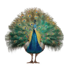 Stunning peacock displays vibrant iridescent feathers in a magnificent courtship ritual moment., isolated on a transparent background